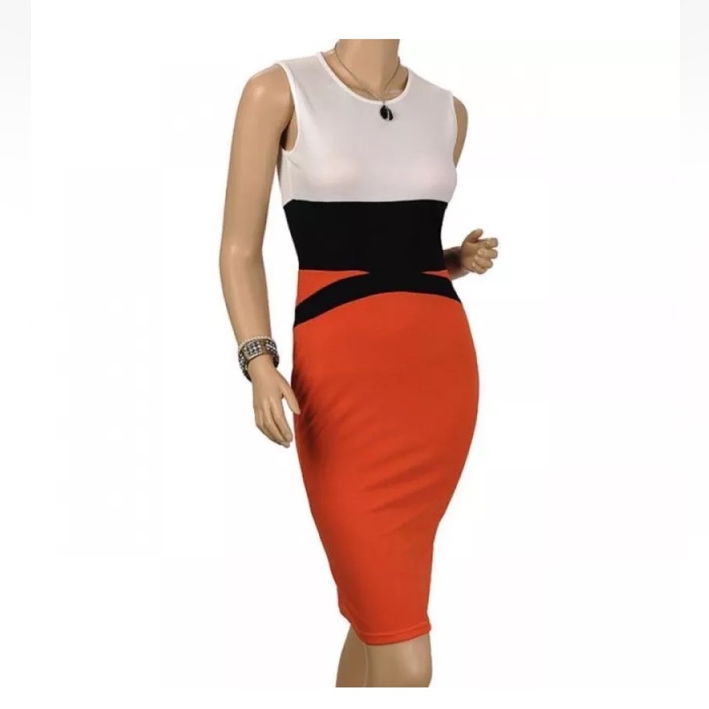 Miusol Dress Bodycon sleeveless sheath orange red white Colorblock Sz S NWT